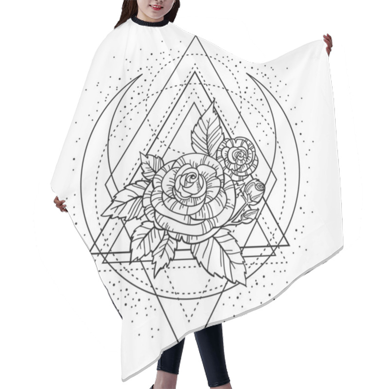 Personality  Rose Flower With Sacred Geometry Frame. Tattoo, Mystic Symbol. Boho Print, Poster, T-shirt. Textiles. Zen For Anti Stress Book. Hand-drawn, Retro Card Design. Isolated Vector Illustration. Hair Cutting Cape