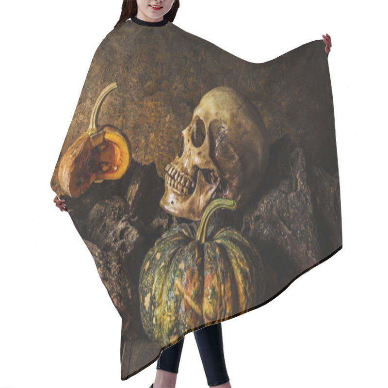 Personality  Still Life Skull And Pumpkin On The Timber. Hair Cutting Cape