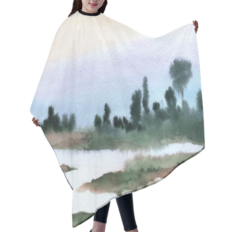 Personality  Watercolour Paint Sketch Silence Haze Scene. Wet Paper Backdrop Card Text Space. Hand Drawn Light Pink Color Cloudy Cool Quiet Misty Fall Fresh Valley Field Shrub Creek Bay Flood Artwork Scenic View Hair Cutting Cape