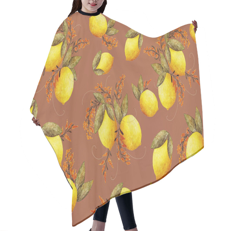 Personality  A Seamless Pattern Featuring Fresh Lemons And Branches Of A Blooming Plant, Set Against A Vibrant Brown Background. This Lively Botanical Design Combines The Zest Of Citrus With The Beauty Of Flowers, Creating A Warm And Inviting Atmosphere.  Hair Cutting Cape