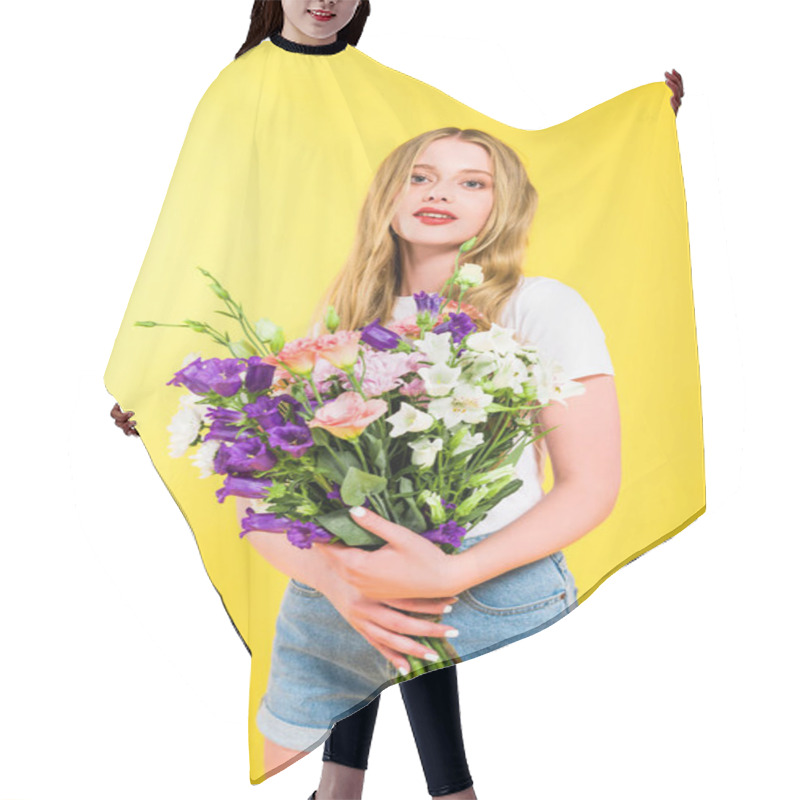 Personality  Attractive Blonde Girl With Flowers Looking At Camera On Yellow Hair Cutting Cape