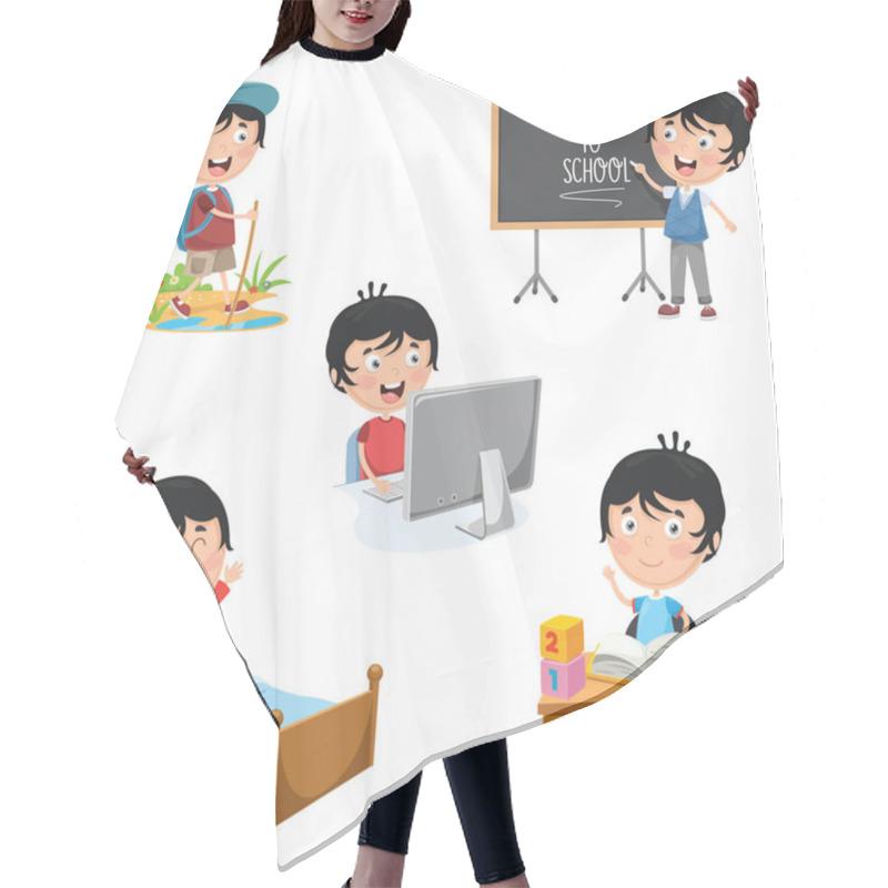 Personality  Vector Illustration Of Kids Daily Routine Activities Hair Cutting Cape