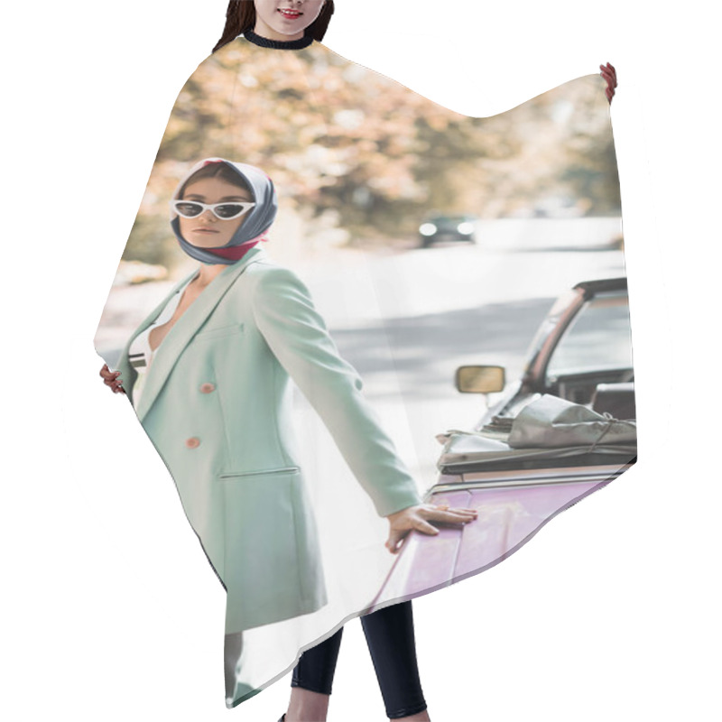 Personality  Trendy Woman In Kerchief And Sunglasses Standing On Road Near Cabriolet Hair Cutting Cape