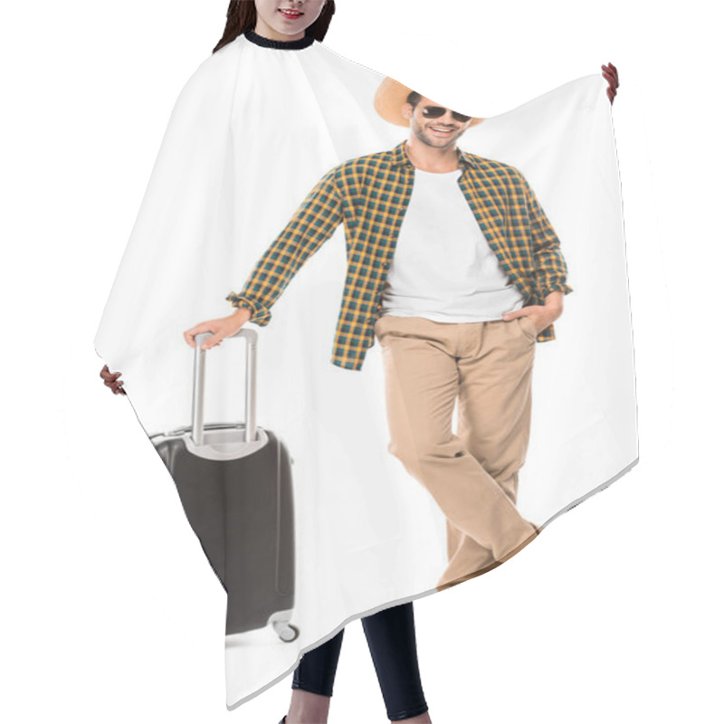 Personality  Happy Young Male Traveler In Sunglasses And Straw Hat Standing With Wheeled Bag Isolated On White Hair Cutting Cape