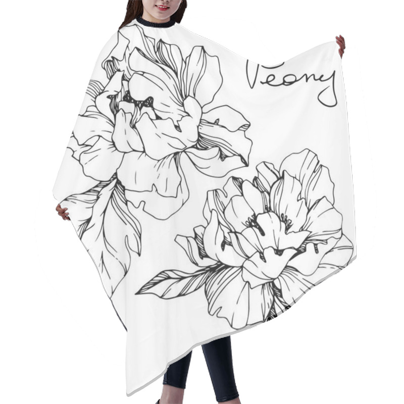 Personality  Vector Isolated Monochrome Peony Flower Sketch And Handwritten Lettering On White Background. Engraved Ink Art.  Hair Cutting Cape