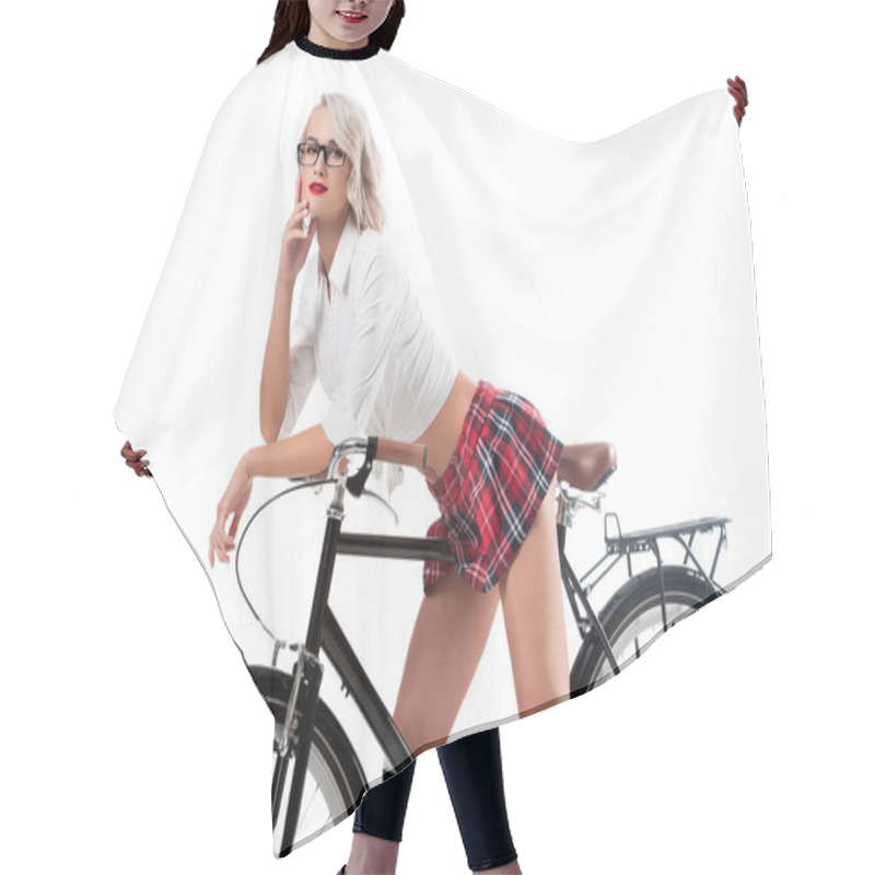 Personality  Seductive Young Woman On College Uniform Leaning On Bicycle Isolated On White Hair Cutting Cape