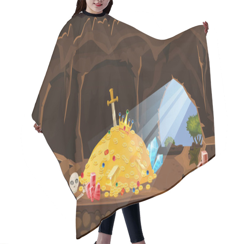 Personality  Treasure Cave, Gold Pile, Coins, Gems, Crown, Sword, Crystals. Concept Art For Game, Apps. Background Cartoon Style Hair Cutting Cape