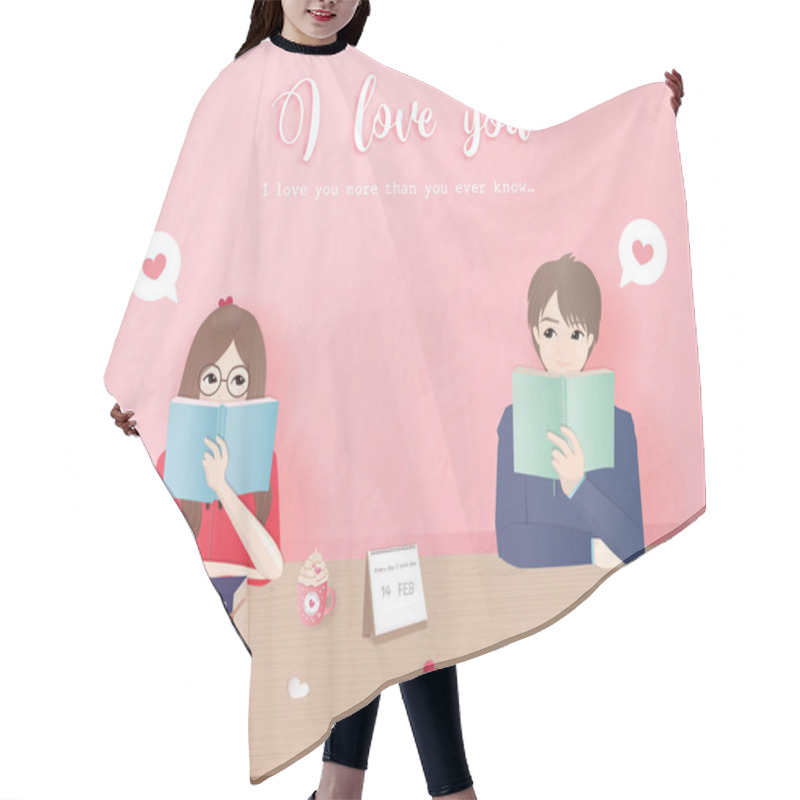 Personality  Character Design Love Concept With Couple Reading Books Together, Library In Love. Valentine's Day Card Vector Illustration.  Hair Cutting Cape