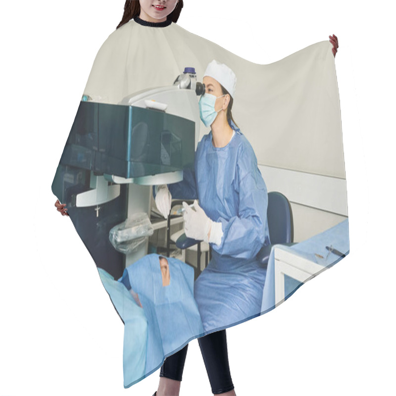 Personality  A Woman In Scrubs And A Surgical Mask Sits In A Hospital Bed. Hair Cutting Cape