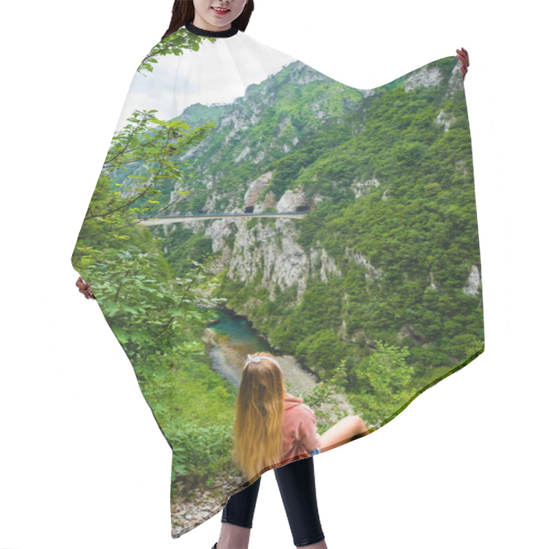 Personality  Back View Of Woman Looking At Bridge Between Mountains Above Piva River In Piva Canyon In Montenegro Hair Cutting Cape