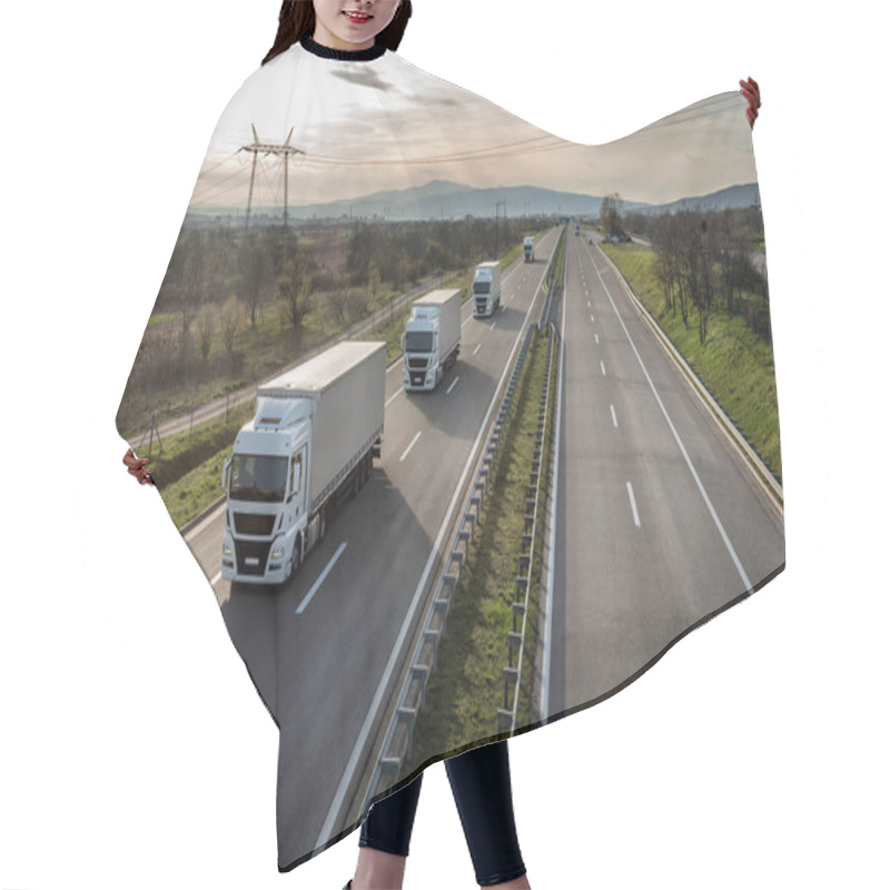 Personality  Caravan Or Convoy Of Trucks In Line On A Country Highway Hair Cutting Cape