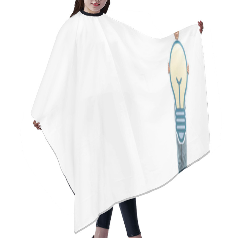 Personality  Full Length View Of Schoolgirl In Jeans And Eyeglasses Holding Paper Cut Light Bulb On White, Horizontal Image Hair Cutting Cape