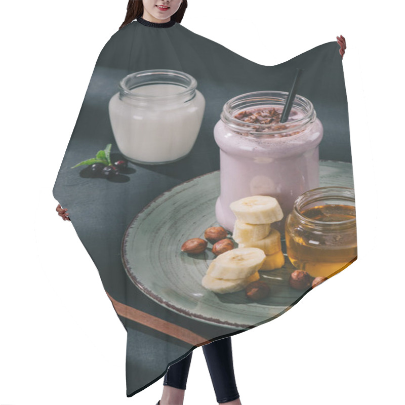 Personality  Closeup Image Of Berry Smoothie, Jam, Banana Slices And Walnuts On Plate, Spoon, Yogurt And Currants  Hair Cutting Cape