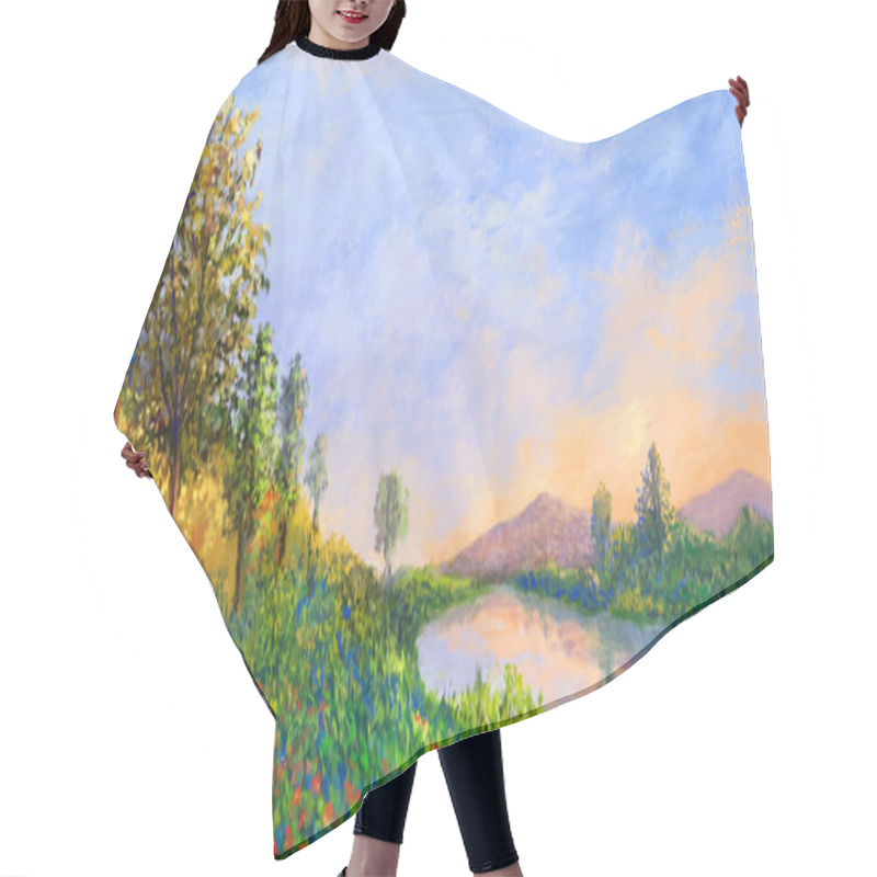 Personality  Impressionism Scenery. Mountain, Tree, River. Fantasy Backdrop. Concept Art. Realistic Illustration. Video Game Digital CG Artwork Background. Nature Scenery. Hair Cutting Cape