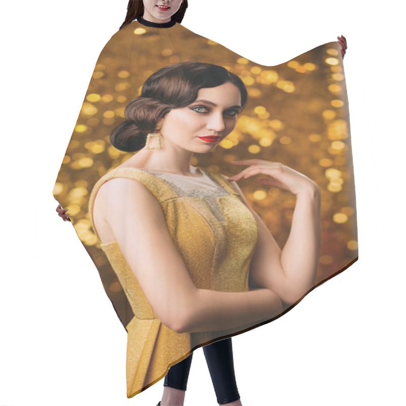 Personality  Portrait Beautiful Great Gatsby Lady. Chic Brunette Hair Retro Woman. Backdrop Bright Shiny Radiant Golden Bokeh. Luxury Trendy Gold Dress 1920 Style Finger Wave Hairstyle Red Lips. Graduation Party  Hair Cutting Cape