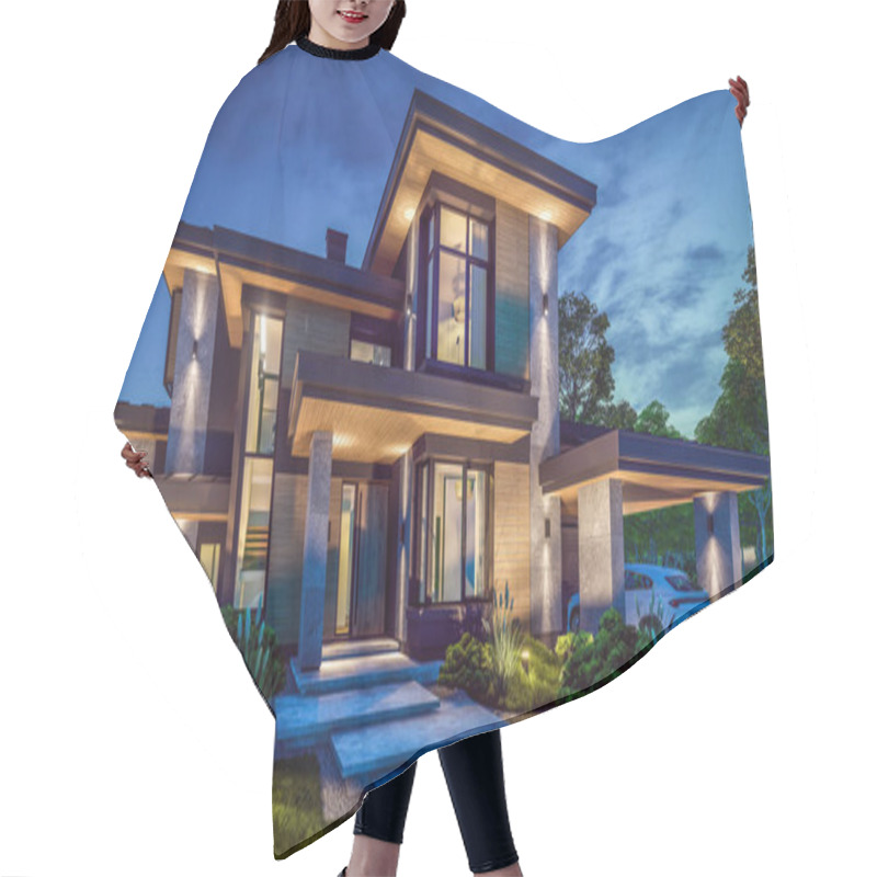 Personality  3d Rendering Of Modern Two Story House With Gray And Wood Accents, Large Windows, Parking Space In The Right Side Of The Building. Clear Summer Night With Many Stars On The Sky. Hair Cutting Cape