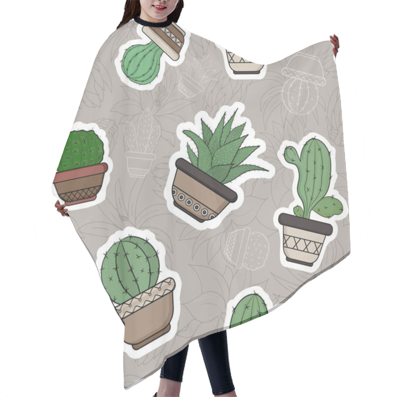 Personality  Cacti In Flower Pots In The Form Of Stickers. Seamless Pattern On A Colored Background. Hair Cutting Cape