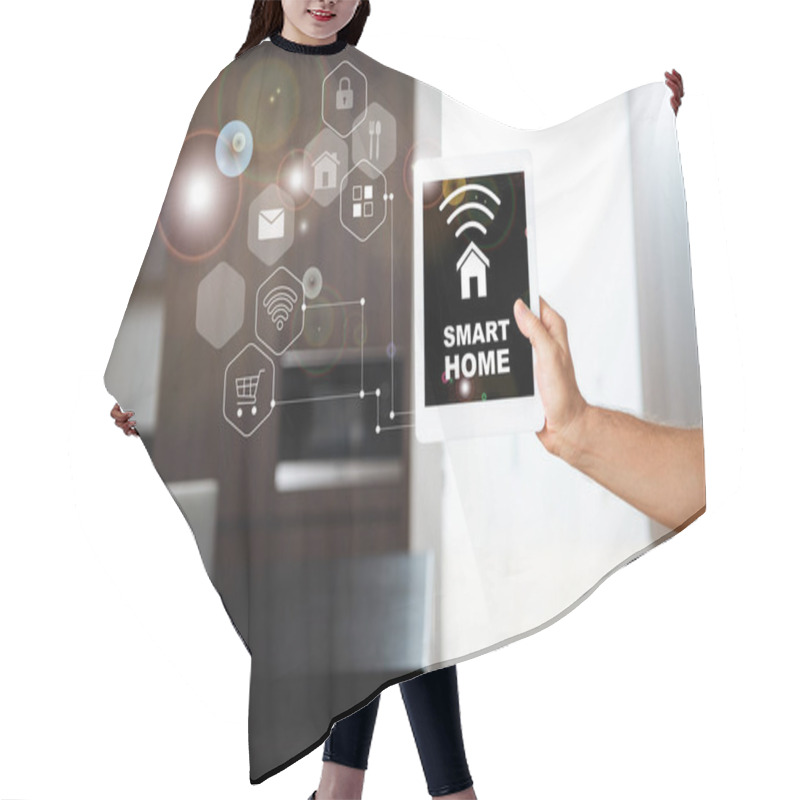 Personality  Selective Focus Of Male Hand With Digital Tablet With Smart Home Illustration Hair Cutting Cape