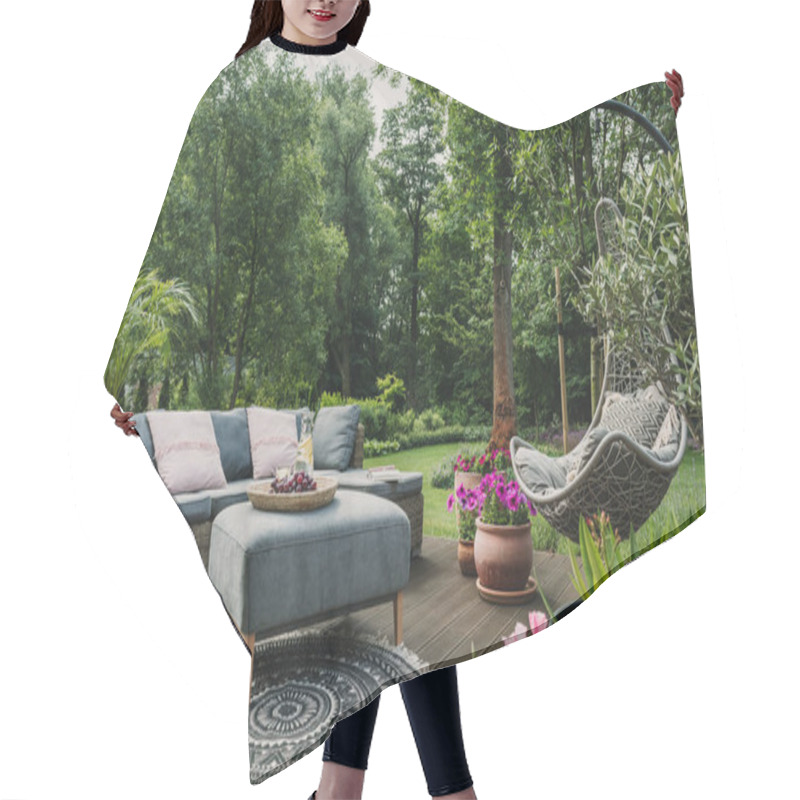 Personality  Classy Furniture On Wooden Terrace In Green Beautiful Garden Hair Cutting Cape