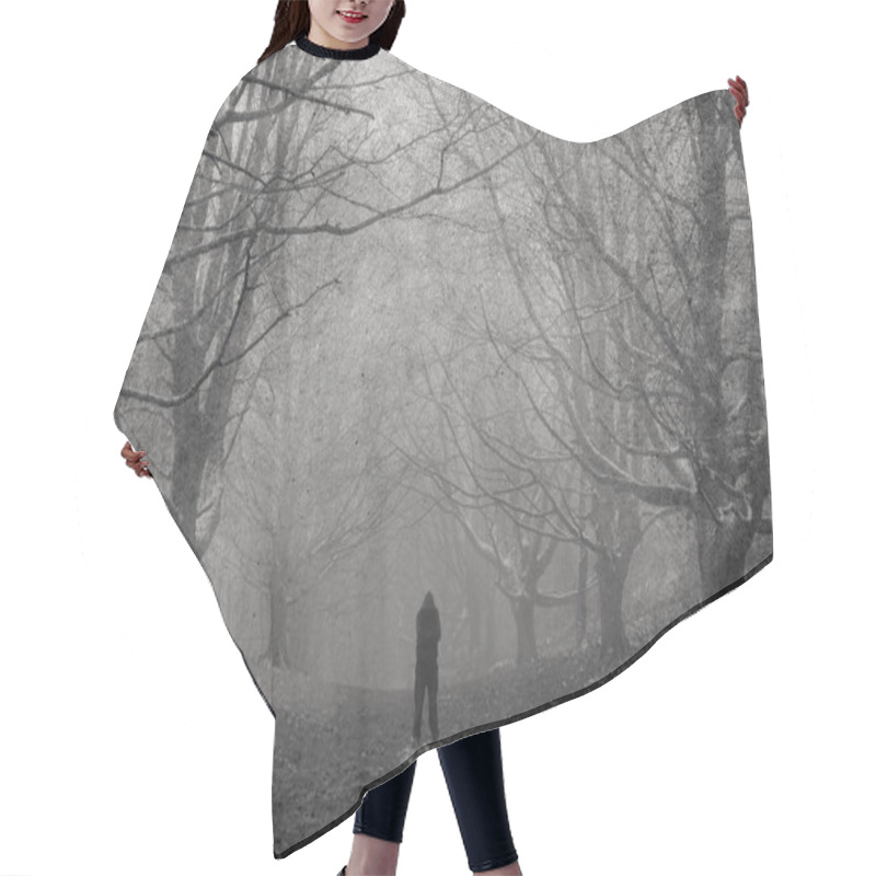 Personality  A Spooky Hooded Figure, Silhouetted On A Path On A Moody, Foggy, Winters Day In A Forest. With A Textured, Weathered, Vintage Edit Hair Cutting Cape