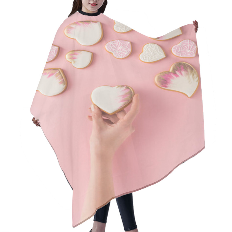 Personality  Partial View Of Woman Holding Glazed Cookie In Hand Isolated On Pink, St Valentines Day Concept Hair Cutting Cape