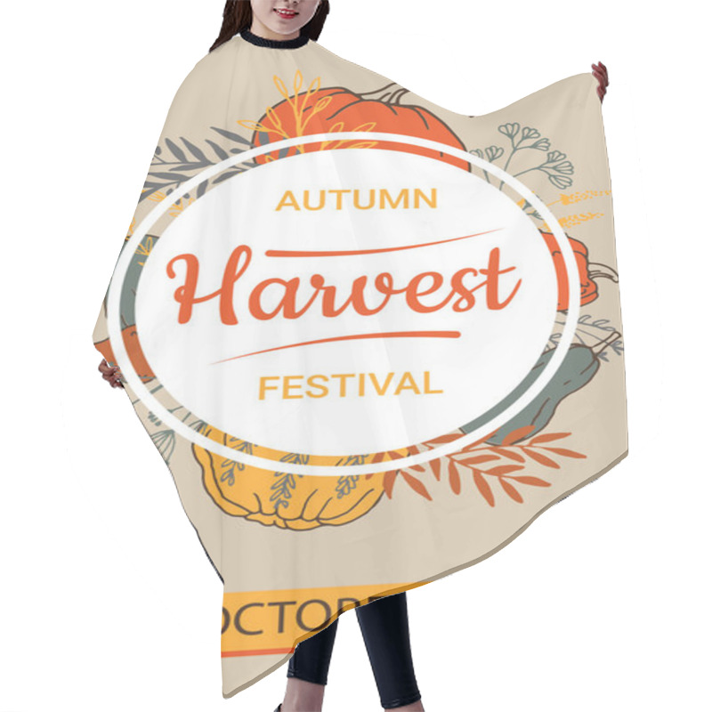 Personality  Autumn Harvest Festival Banner Concept With Round Frame, Pumpkins, Leaves And Floral Element. Hand Drawn Vector Illustration For Prints, Flyers, Banners, Invitation Cards. Hair Cutting Cape