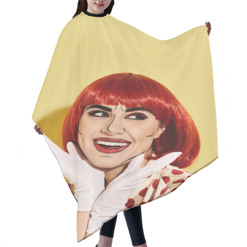 Personality  A Red-haired Woman In White Gloves, Donning Pop Art Makeup And A Polka Dot Blouse, Against A Vibrant Yellow Backdrop. Hair Cutting Cape