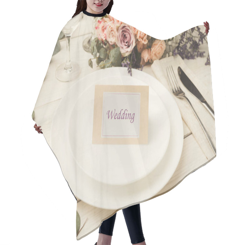 Personality  Card With Word Wedding On White Plate Hair Cutting Cape