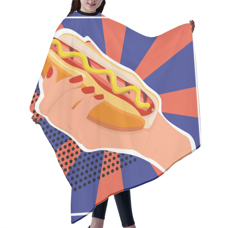 Personality  Stock Vector Illustration Of Hot Dog In The Woman Hand Isolated On Dynamic Blue And Red Background. Delicious Fast Food Best Choice Poster Template. All It Needs Is - Text About Price, Special Offers. Hair Cutting Cape