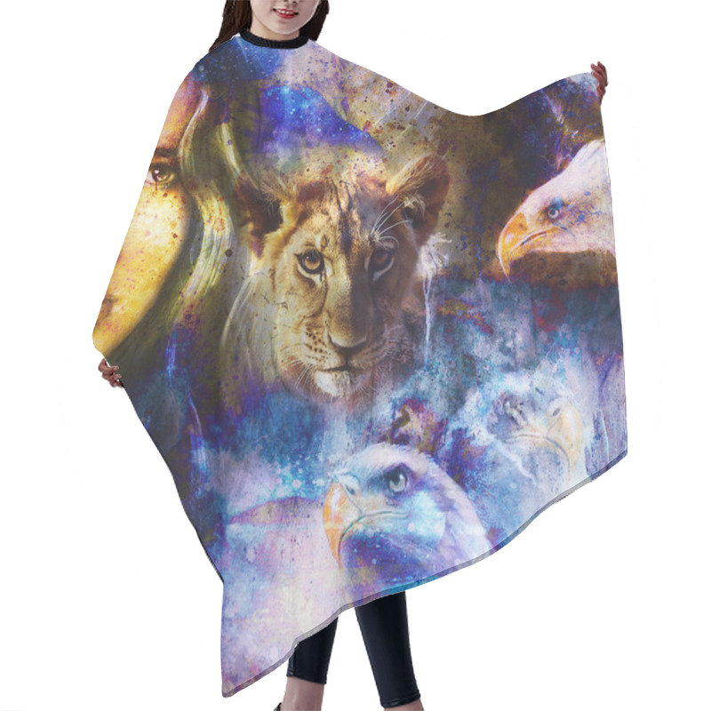 Personality  Lion Cub And Woman With Eagles Abstract Collage. Eye Contact. Abstract Structure Background. Hair Cutting Cape