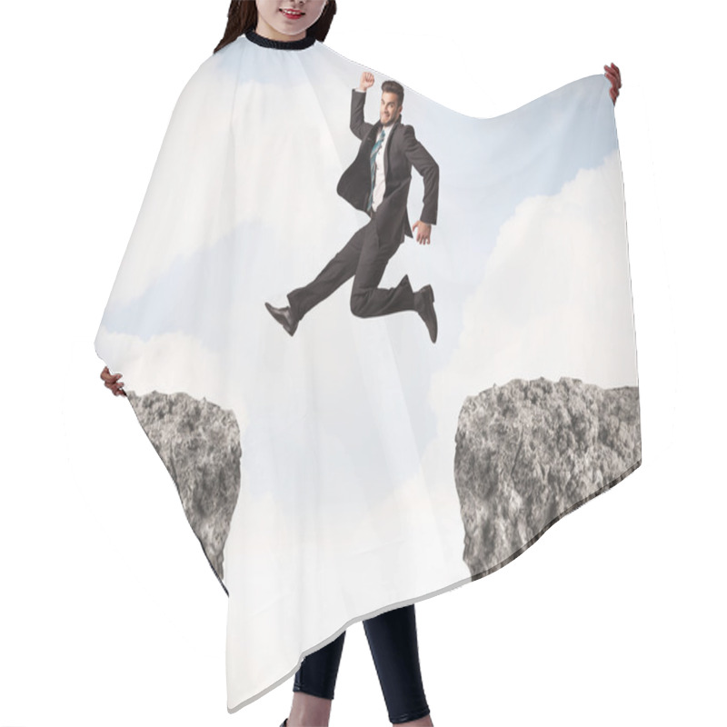 Personality  Funny Business Man Jumping Over Rocks With Gap Hair Cutting Cape