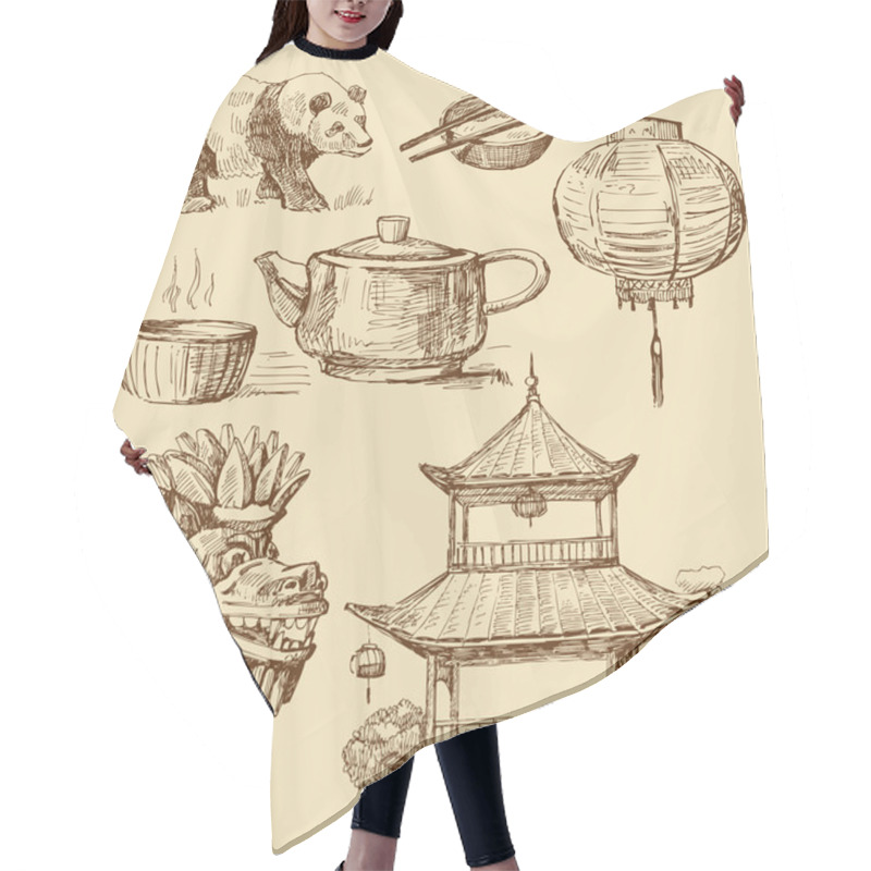 Personality  Set Of China Hand-drawn Icons Hair Cutting Cape