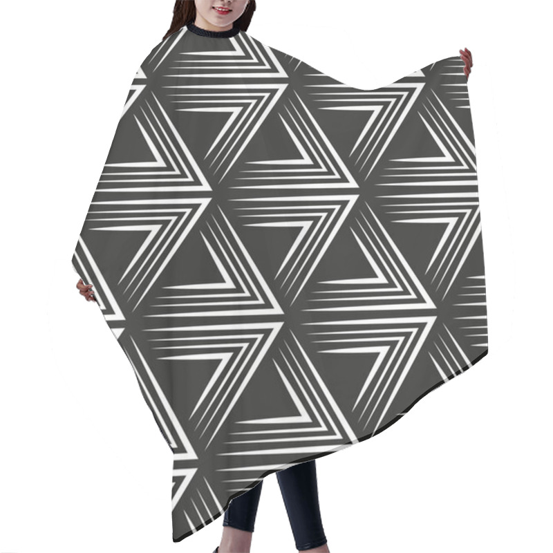 Personality  Black And White Modern Ethnic Style. Geometric Composition Of Striped White Triangles On A Black Background. Linear Texture With Thin Lines. Seamless Repeating Pattern. Vector Illustration. Hair Cutting Cape