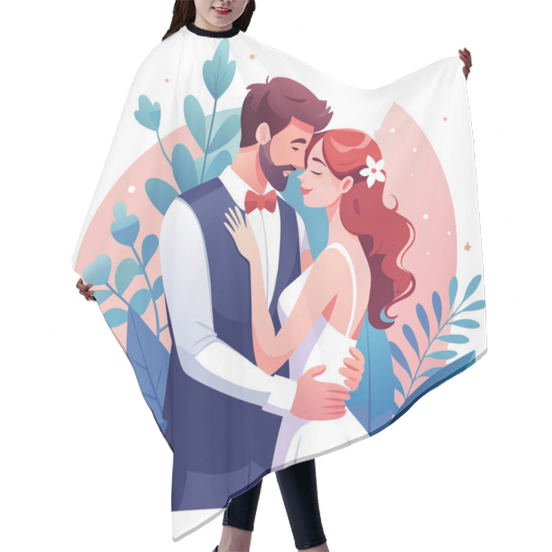 Personality  Cute Newlywed Couple In Love Floral Wedding Illustration In Flat Style Hair Cutting Cape