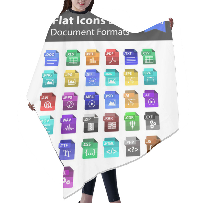 Personality  32 Format Files Document,Music,Video,Font,Design Extension Icon Flat Design Vector Illustration Paper Hair Cutting Cape