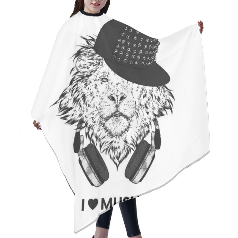 Personality  A Beautiful Lion Wearing Headphones. Vector Illustration For A Postcard Or A Poster, Print For Clothes. I Love Music. Hair Cutting Cape