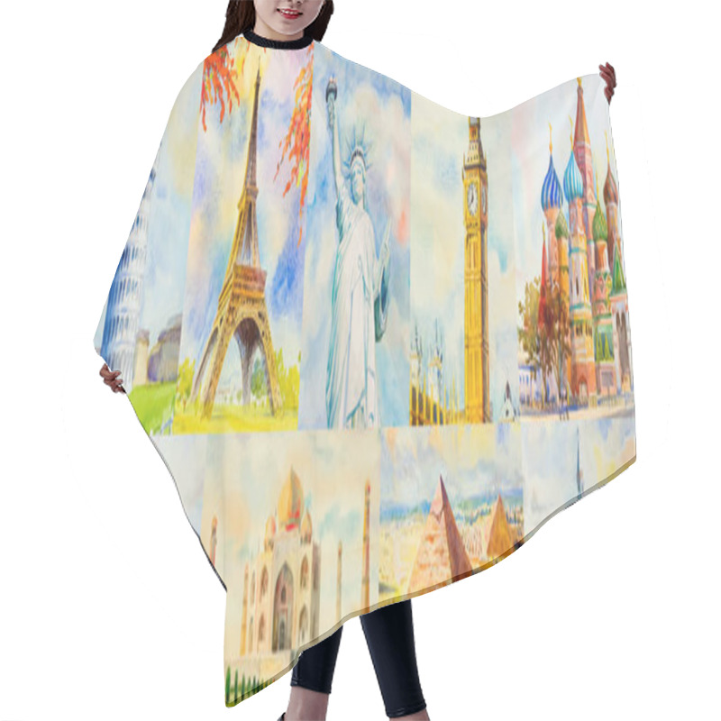 Personality  Travel Around The World And Sights. Famous Landmarks Of The World Grouped Together. Watercolor Hand Drawn Painting Illustration On Paper With Tourism, Use For Advertising Travel Poster And Postcard. Hair Cutting Cape