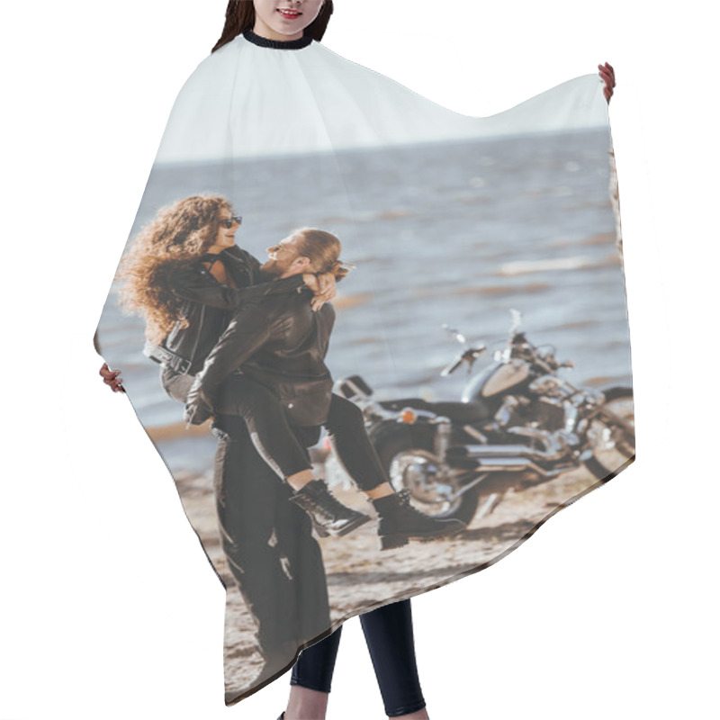 Personality  Couple Having Fun On Seashore With Chopper Motorcycle Near Hair Cutting Cape