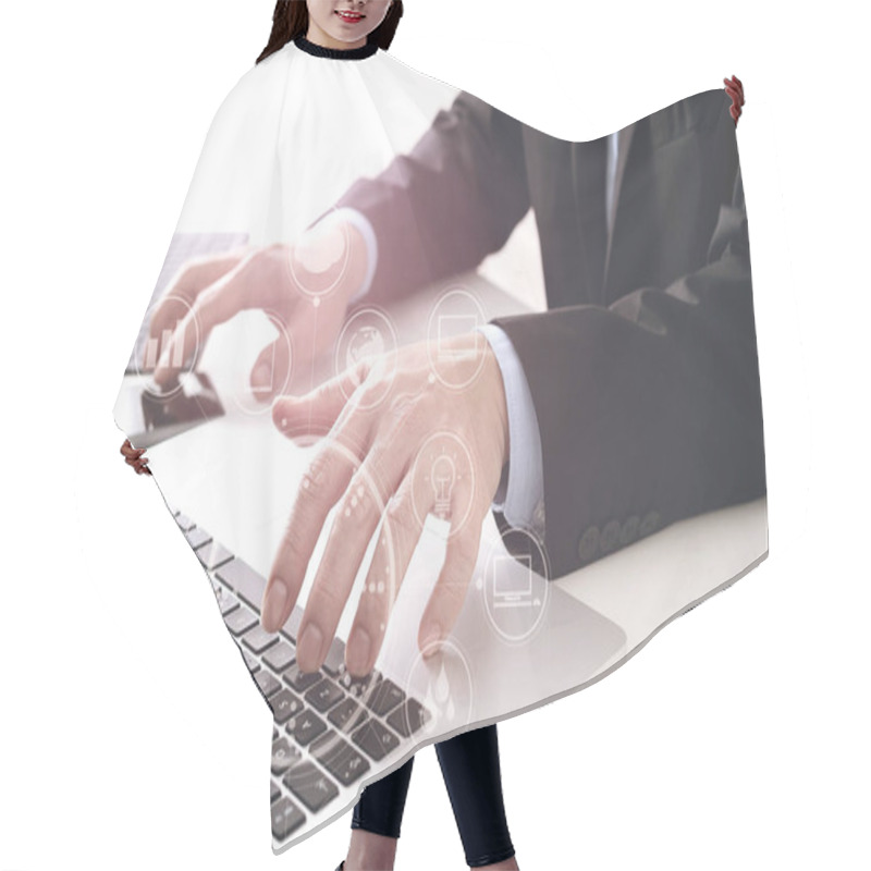 Personality  Hands Of Businessman Typing On Laptop In Modern Office With Smar Hair Cutting Cape