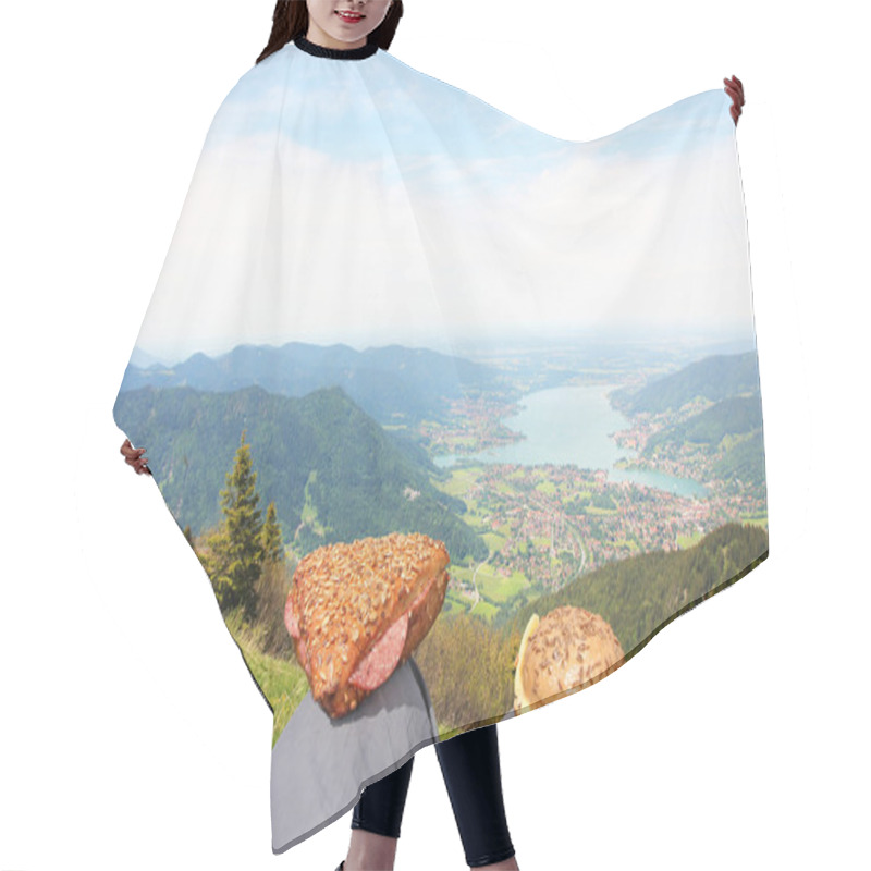 Personality  Break At Mountains Peak With Sandwiches And Panoramic Mountain View To Lake Tegernsee, Germany Hair Cutting Cape