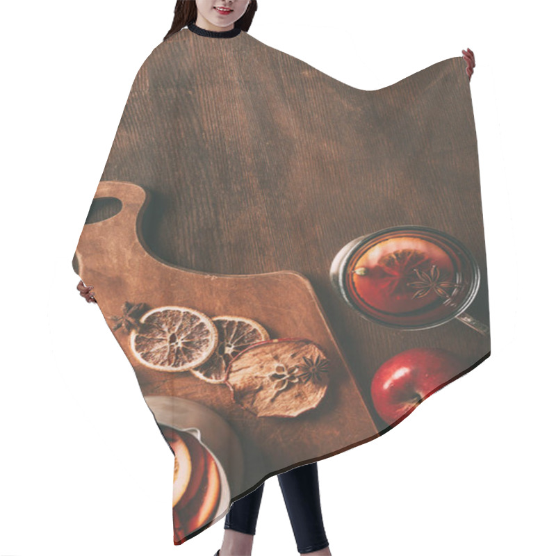 Personality  Top View Of Homemade Mulled Wine With Spices And Apples On Cutting Board On Wooden Background Hair Cutting Cape