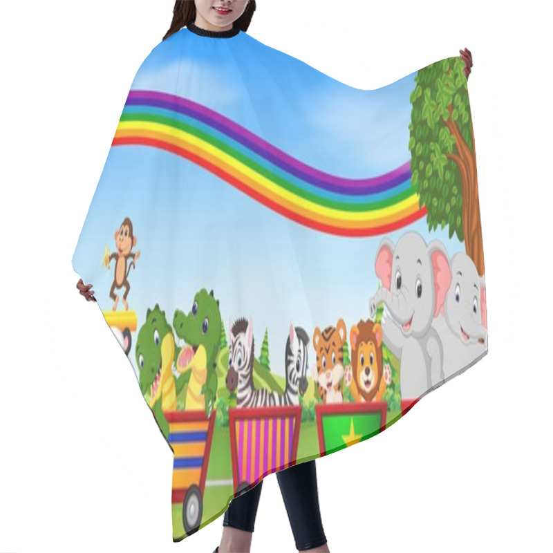 Personality  Wild Animals On The Train With Rainbow Illustration Hair Cutting Cape