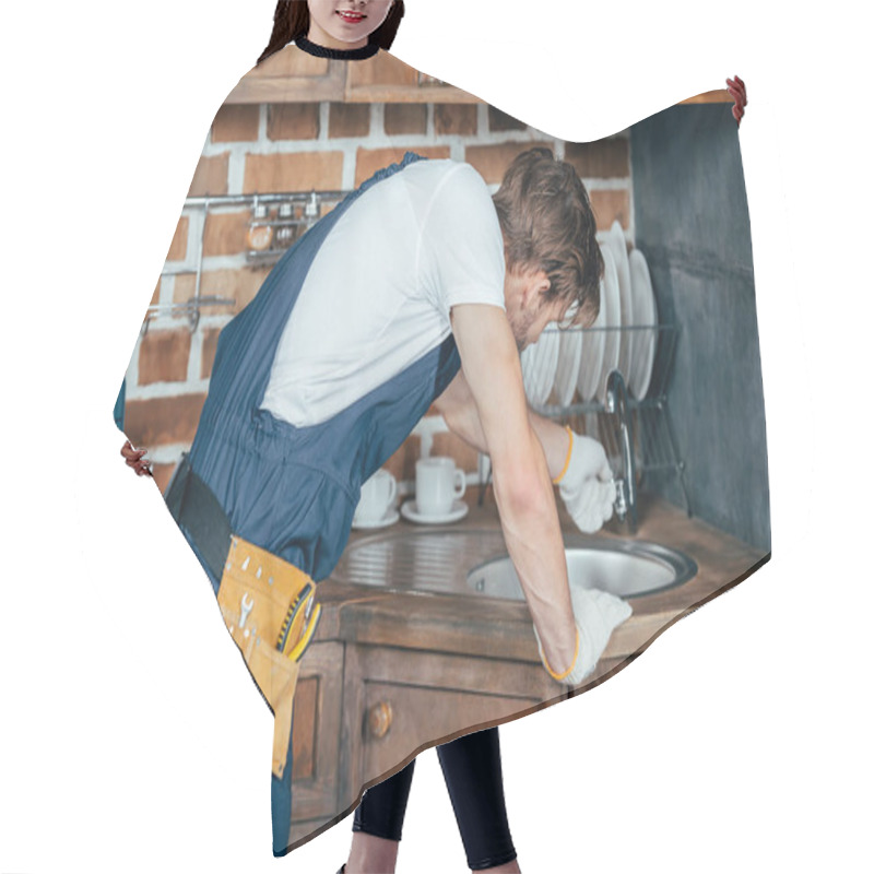 Personality  Young Handyman Repairing Sink In Kitchen Hair Cutting Cape