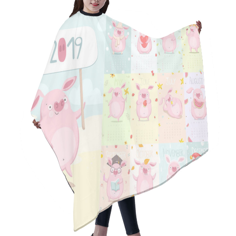 Personality  Cute Calendar 2019 With Pig Hair Cutting Cape