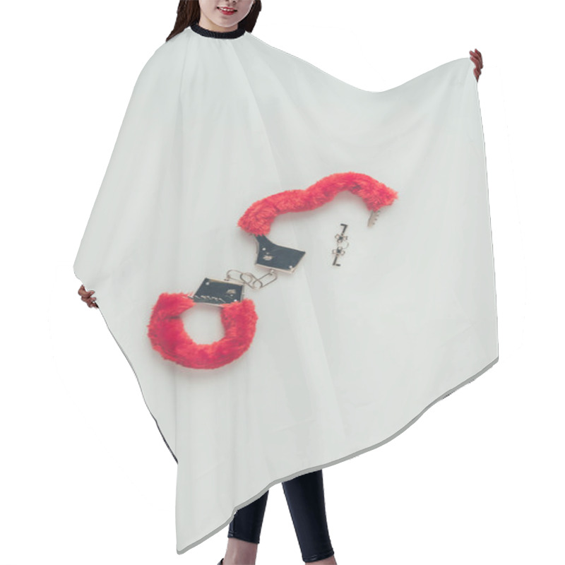 Personality  Top View Of Red Fluffy Handcuffs With Keys Isolated On White, Valentines Day Concept Hair Cutting Cape