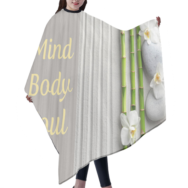 Personality  Flat Lay Composition Of Bamboo Stems With Zen Stones And Text Mind, Body, Soul On Sand Hair Cutting Cape