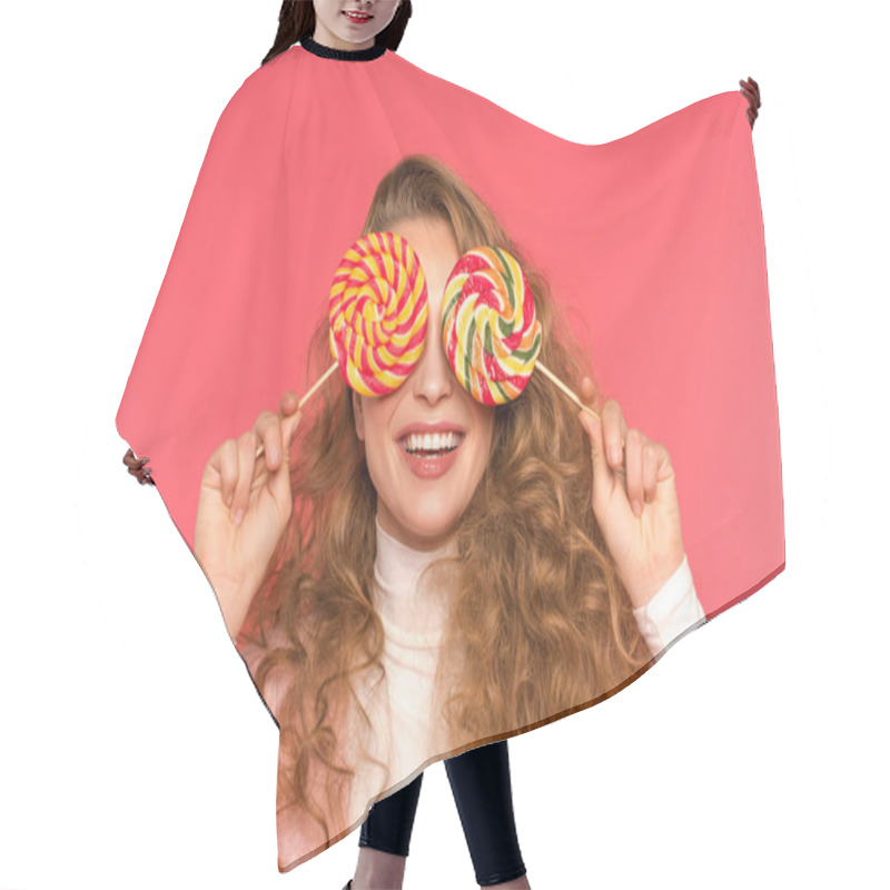 Personality  Happy Girl Covering Eyes With Round Lollipops Isolated On Red Hair Cutting Cape