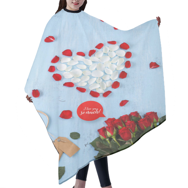 Personality  Heart Of Red Rose Petals On Blue Wooden Board. Hair Cutting Cape