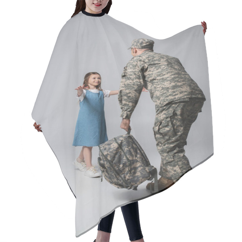 Personality  Happy Kid Welcoming Father In Military Uniform With Backpack During Homecoming On Grey Background Hair Cutting Cape