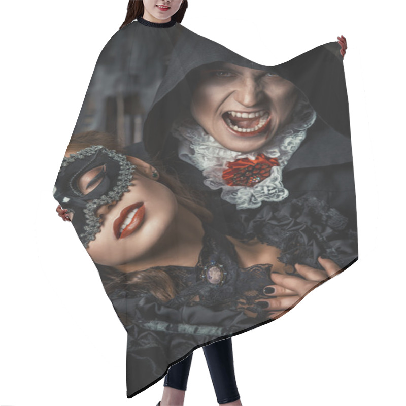 Personality  Frightening Kiss. Halloween Concept. Hair Cutting Cape